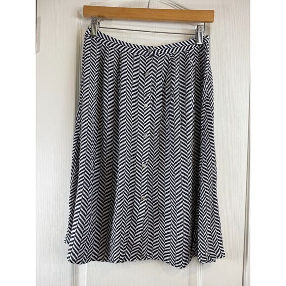 Ann Taylor LOFT Women's Navy Blue White Herringbone Button Front Skirt Size 0 - Picture 1 of 8